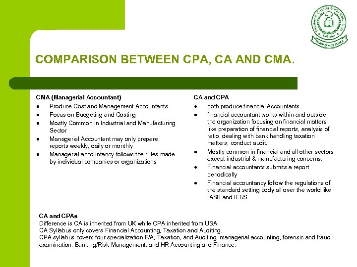COMPARISON BETWEEN CPA, CA AND CMA (Managerial Accountant) l Produce Cost and Management Accountants