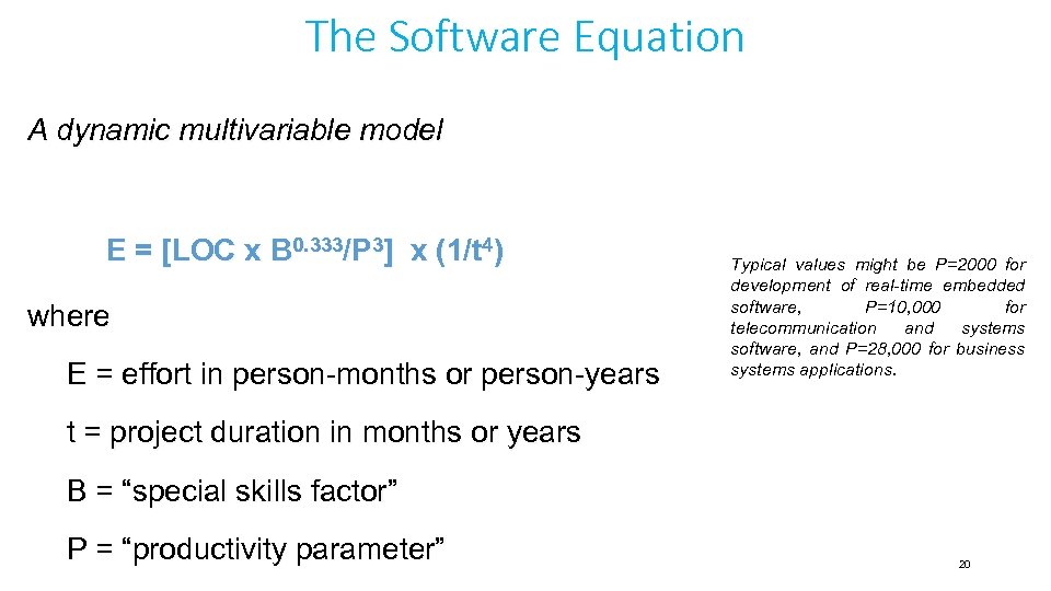 The Software Equation A dynamic multivariable model E = [LOC x B 0. 333/P