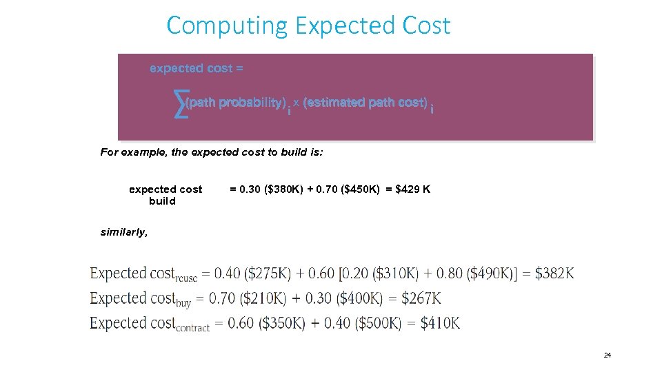 Computing Expected Cost expected cost = (path probability) x (estimated path cost) i i