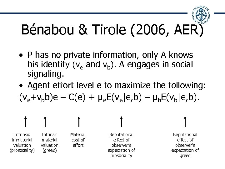Bénabou & Tirole (2006, AER) • P has no private information, only A knows