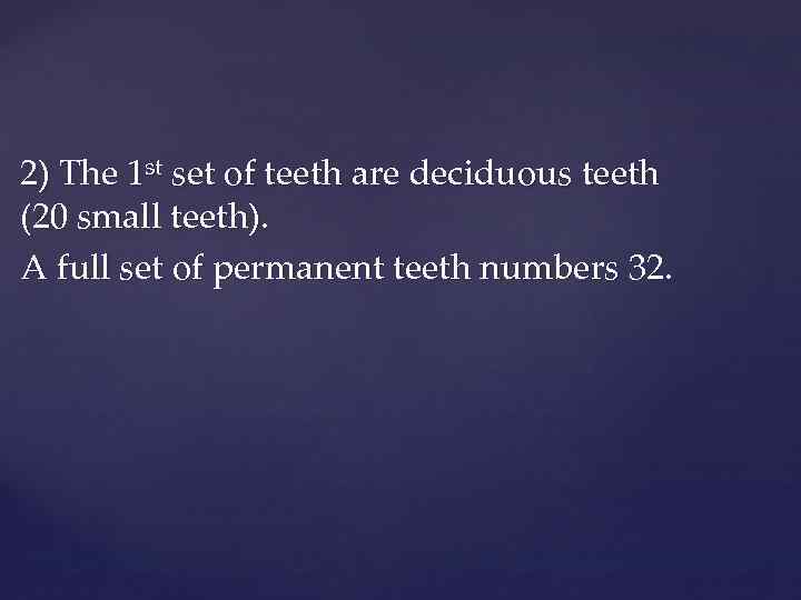 2) The 1 st set of teeth are deciduous teeth (20 small teeth). A