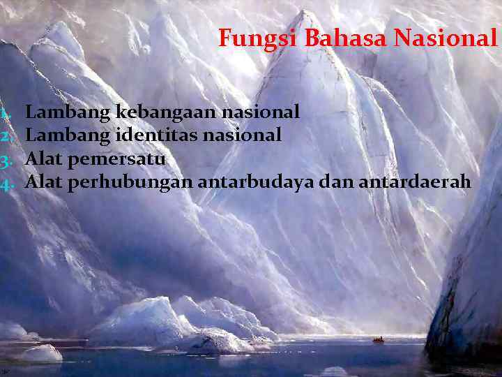 1. 2. 3. 4. Fungsi Bahasa Nasional Lambang kebangaan nasional Lambang identitas nasional Alat