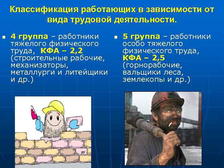 Классификация работающих в зависимости от вида трудовой деятельности. n 4 группа – работники тяжелого