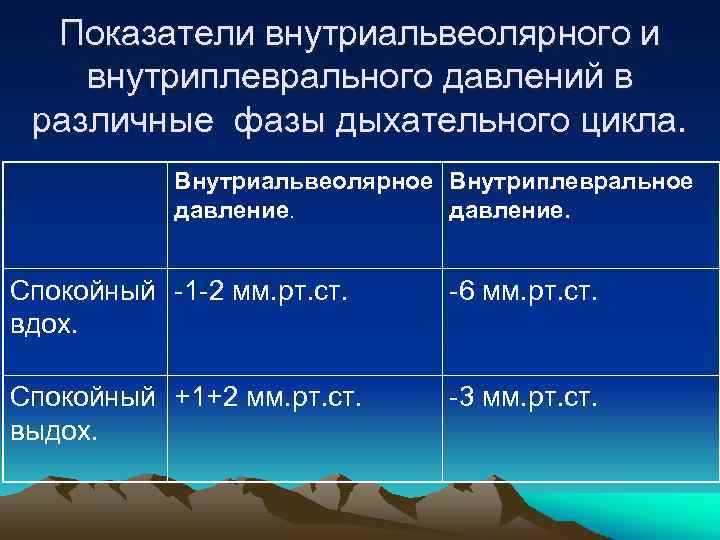 Показатели внутриальвеолярного и внутриплеврального давлений в различные фазы дыхательного цикла. Внутриальвеолярное Внутриплевральное давление. Спокойный
