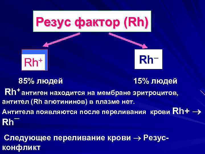 Резус фактор (Rh) Rh– Rh+ 85% людей 15% людей Rh+ антиген находится на мембране
