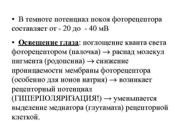  • В темноте потенциал покоя фоторецептора составляет от - 20 до - 40