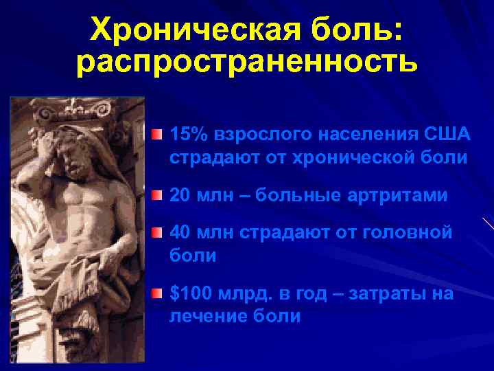 Хроническая боль: распространенность 15% взрослого населения США страдают от хронической боли 20 млн –