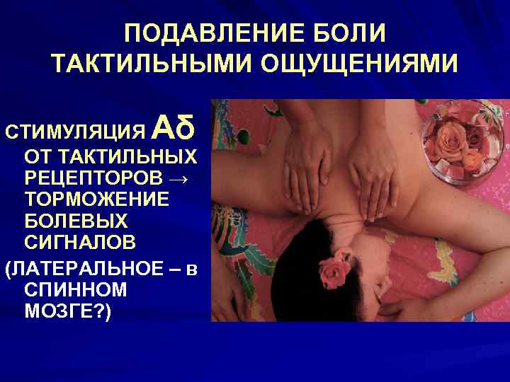 ПОДАВЛЕНИЕ БОЛИ ТАКТИЛЬНЫМИ ОЩУЩЕНИЯМИ Аδ СТИМУЛЯЦИЯ ОТ ТАКТИЛЬНЫХ РЕЦЕПТОРОВ → ТОРМОЖЕНИЕ БОЛЕВЫХ СИГНАЛОВ (ЛАТЕРАЛЬНОЕ
