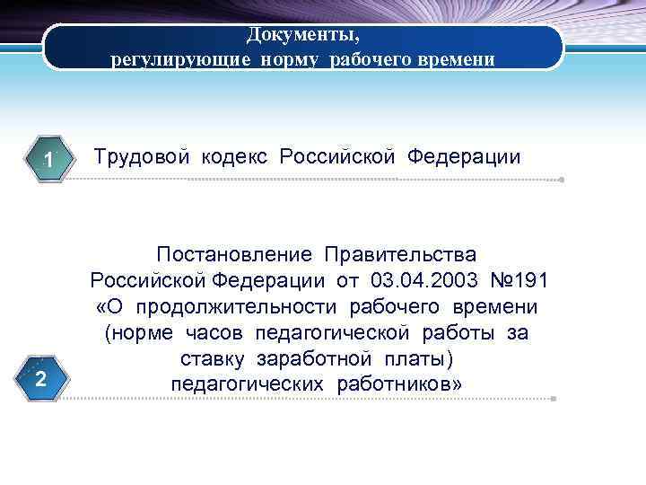 Документы, регулирующие норму рабочего времени 1 2 Трудовой кодекс Российской Федерации Постановление Правительства Российской