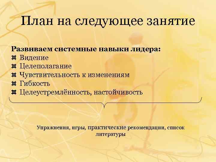 План на следующее занятие Развиваем системные навыки лидера: Видение Целеполагание Чувствительность к изменениям Гибкость