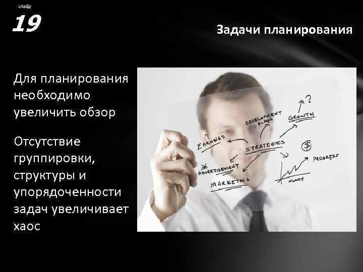 слайд 19 Для планирования необходимо увеличить обзор Отсутствие группировки, структуры и упорядоченности задач увеличивает