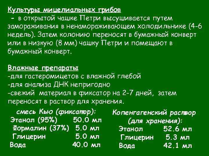 Культуры мицелиальных грибов - в открытой чашке Петри высушивается путем замораживания в ненамораживающем холодильнике