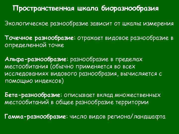 Пространственная шкала биоразнообразия Экологическое разнообразие зависит от шкалы измерения Точечное разнообразие: отражает видовое разнообразие