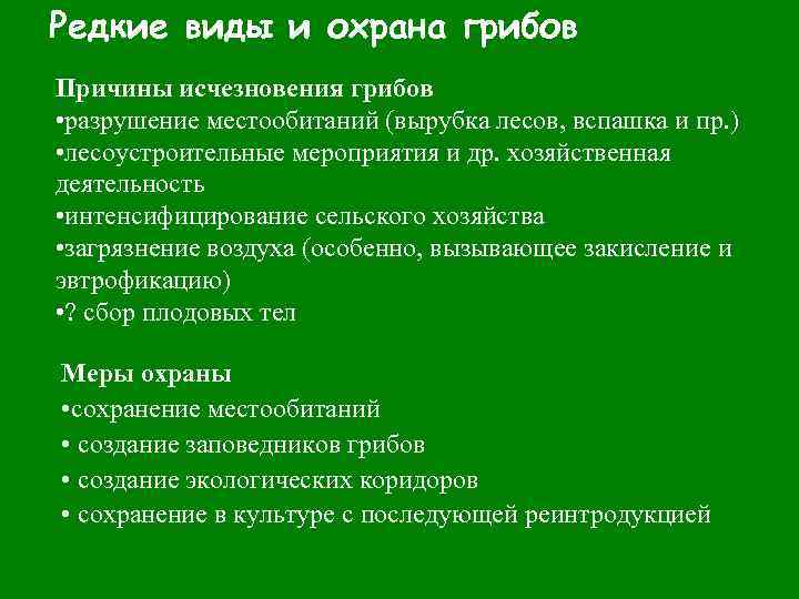 Редкие виды и охрана грибов Причины исчезновения грибов • разрушение местообитаний (вырубка лесов, вспашка