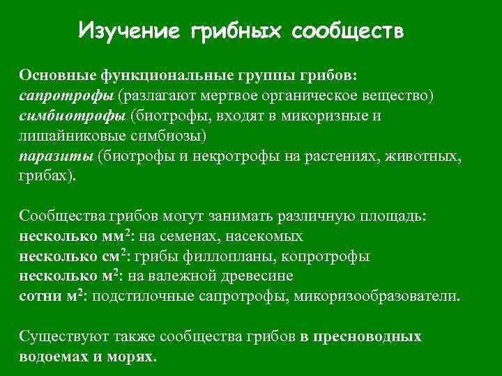 Изучение грибных сообществ Основные функциональные группы грибов: сапротрофы (разлагают мертвое органическое вещество) симбиотрофы (биотрофы,