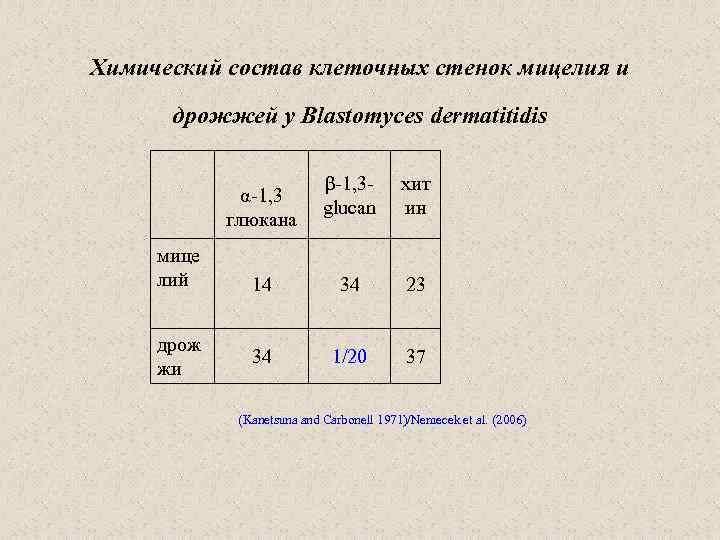 Химический состав клеточных стенок мицелия и дрожжей у Blastomyces dermatitidis β-1, 3 glucan хит