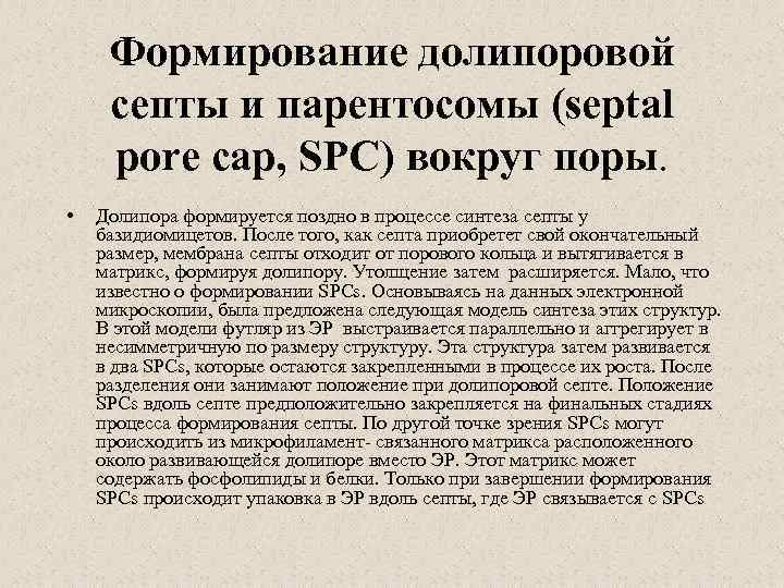 Формирование долипоровой септы и парентосомы (septal pore cap, SPC) вокруг поры. • Долипора формируется