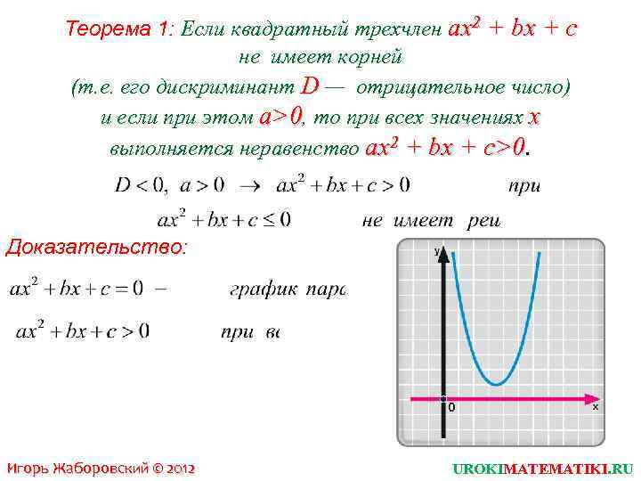 Теорема 1: Если квадратный трехчлен ах2 + bх + с не имеет корней (т.