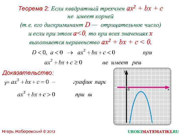 Теорема 2: Если квадратный трехчлен ах2 + bх + с не имеет корней (т.