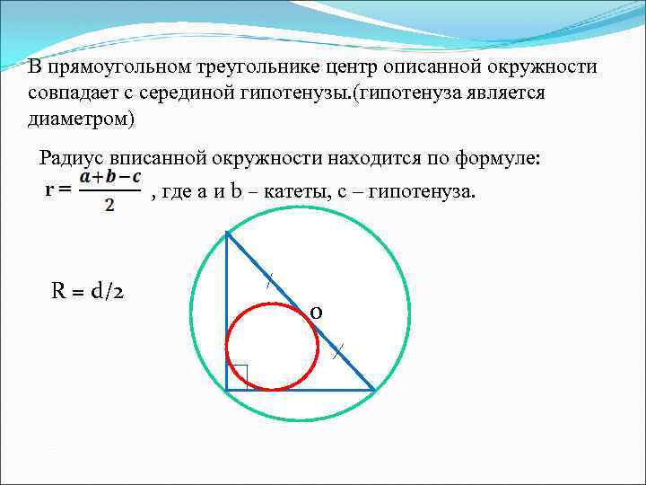 В прямоугольном треугольнике центр описанной окружности совпадает с серединой гипотенузы. (гипотенуза является диаметром) Радиус