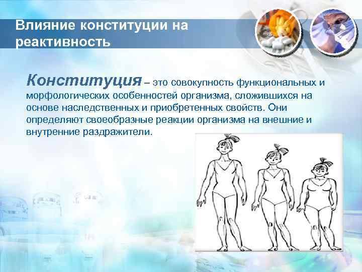 Влияние конституции на реактивность Конституция – это совокупность функциональных и морфологических особенностей организма, сложившихся