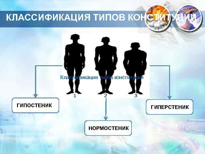 КЛАССИФИКАЦИЯ ТИПОВ КОНСТИТУЦИИ Классификация типов конституции ГИПОСТЕНИК ГИПЕРСТЕНИК НОРМОСТЕНИК 