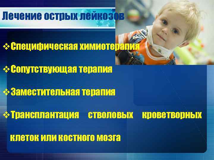 Лечение острых лейкозов v. Специфическая химиотерапия v. Сопутствующая терапия v. Заместительная терапия v. Трансплантация