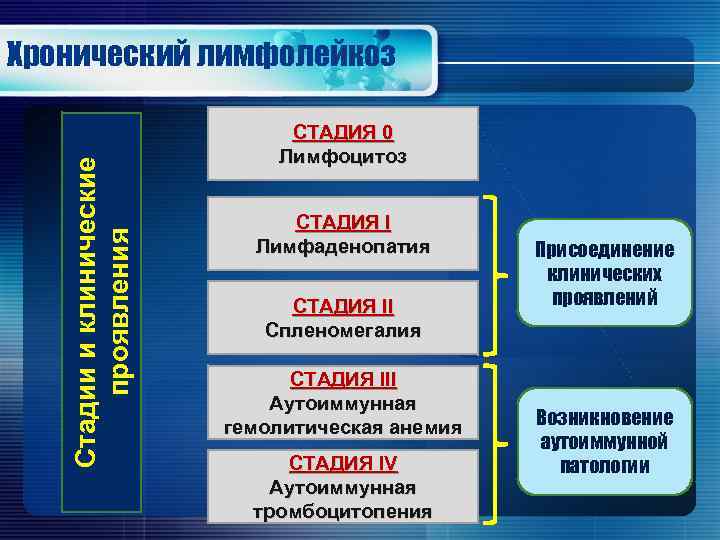 Стадии и клинические проявления Хронический лимфолейкоз СТАДИЯ 0 Лимфоцитоз СТАДИЯ I Лимфаденопатия СТАДИЯ II