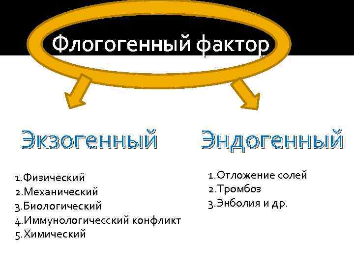 Флогогенный фактор Экзогенный 1. Физический 2. Механический 3. Биологический 4. Иммунологичесский конфликт 5. Химический