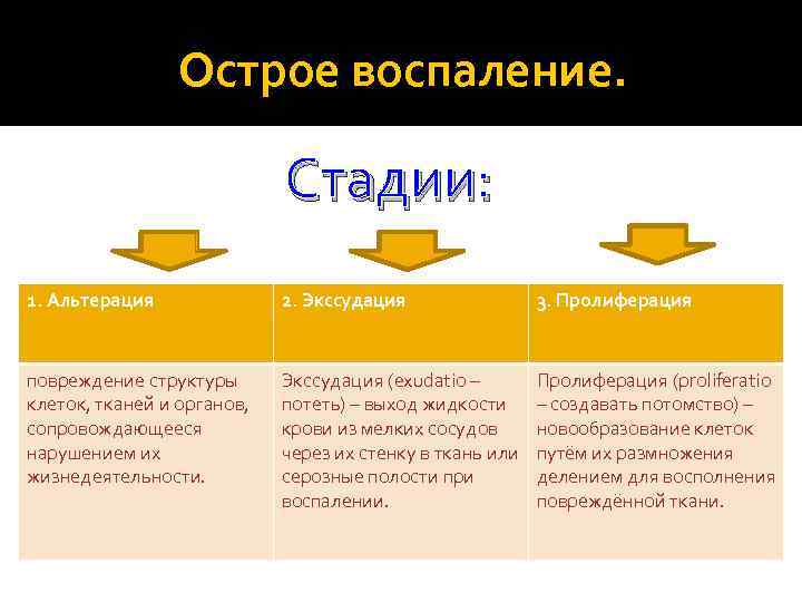 Острое воспаление. Стадии: 1. Альтерация 2. Экссудация 3. Пролиферация повреждение структуры клеток, тканей и