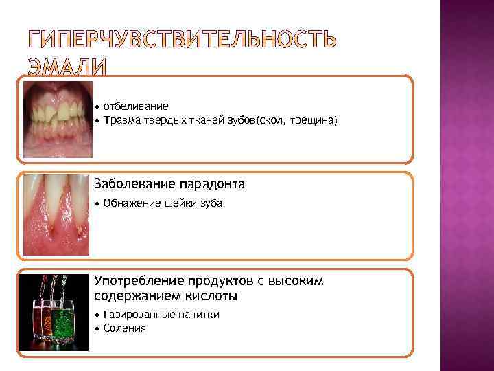  • отбеливание • Травма твердых тканей зубов(скол, трещина) Заболевание парадонта • Обнажение шейки