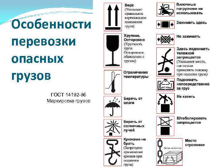 Особенности перевозки опасных грузов ГОСТ 14192 -96 Маркировка грузов 