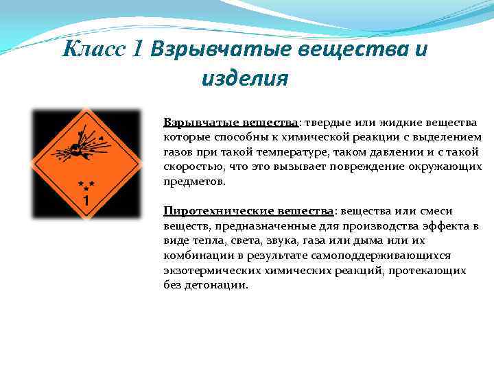 Класс 1 Взрывчатые вещества и изделия Взрывчатые вещества: твердые или жидкие вещества которые способны