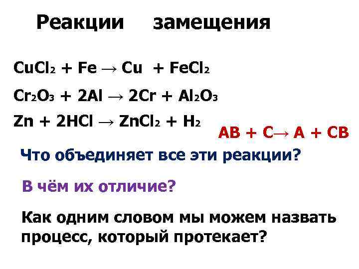 Реакции замещения Cu. Cl 2 + Fe → Cu + Fe. Cl 2 Cr