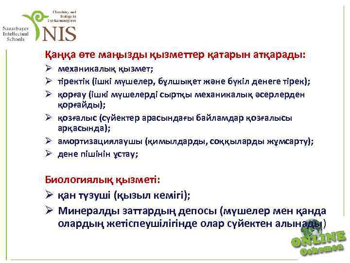 Қаңқа өте маңызды қызметтер қатарын атқарады: Ø механикалық қызмет; Ø тіректік (ішкі мүшелер, бұлшықет