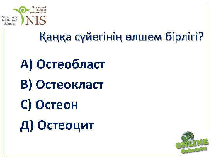 Қаңқа сүйегінің өлшем бірлігі? А) Остеобласт В) Остеокласт С) Остеон Д) Остеоцит 