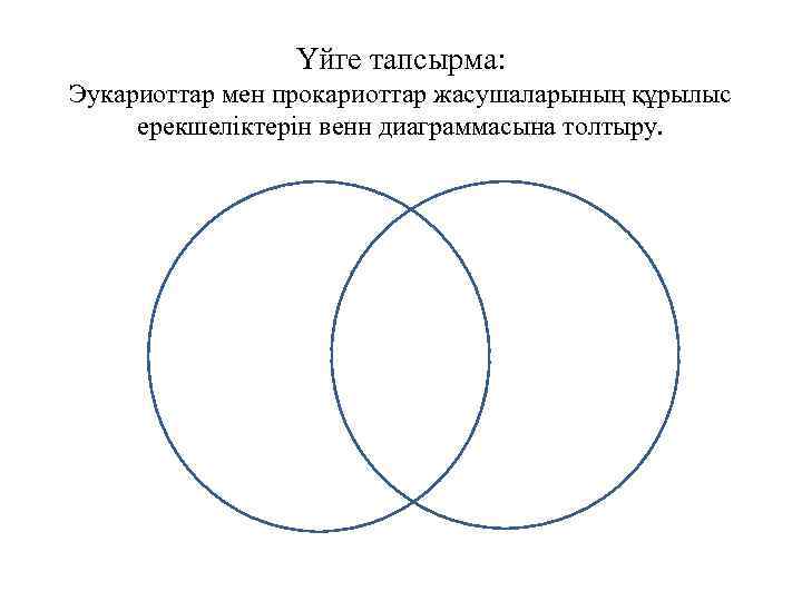 Үйге тапсырма: Эукариоттар мен прокариоттар жасушаларының құрылыс ерекшеліктерін венн диаграммасына толтыру. 