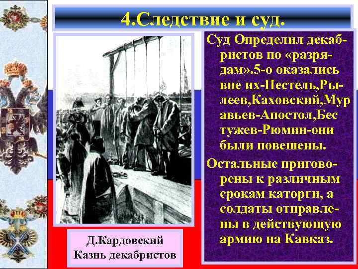 4. Следствие и суд. Д. Кардовский Казнь декабристов Суд Определил декабристов по «разрядам» .