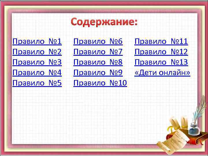 Содержание: Правило № 1 Правило № 2 Правило № 3 Правило № 4 Правило