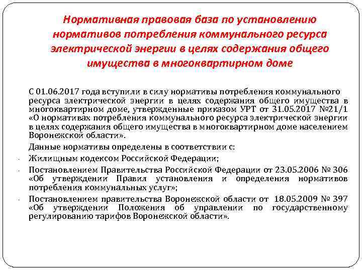 Нормативная правовая база по установлению нормативов потребления коммунального ресурса электрической энергии в целях содержания