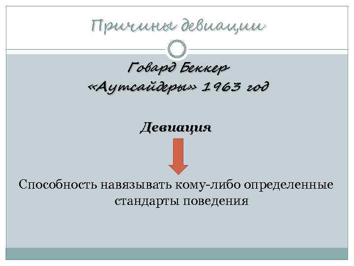 Причины девиации Говард Беккер «Аутсайдеры» 1963 год Девиация Способность навязывать кому-либо определенные стандарты поведения
