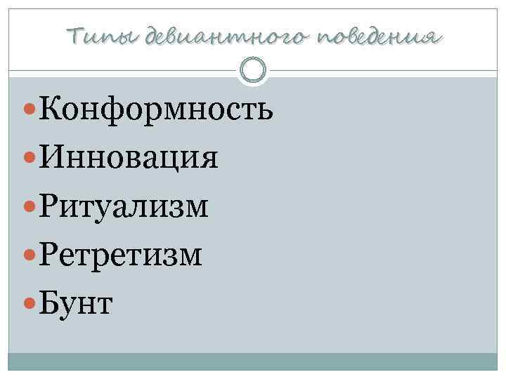 Типы девиантного поведения Конформность Инновация Ритуализм Ретретизм Бунт 