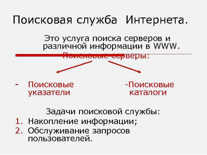Поисковая служба Интернета. Это услуга поиска серверов и различной информации в WWW. Поисковые серверы: