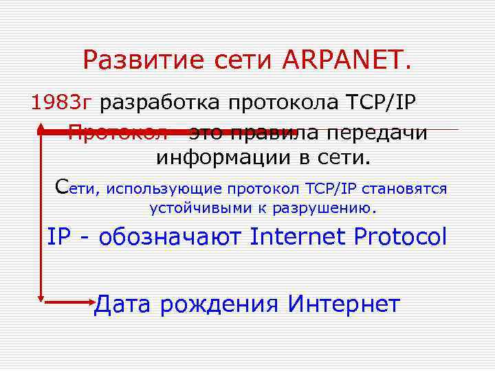Развитие сети ARPANET. 1983 г разработка протокола TCP/IP Протокол –это правила передачи информации в
