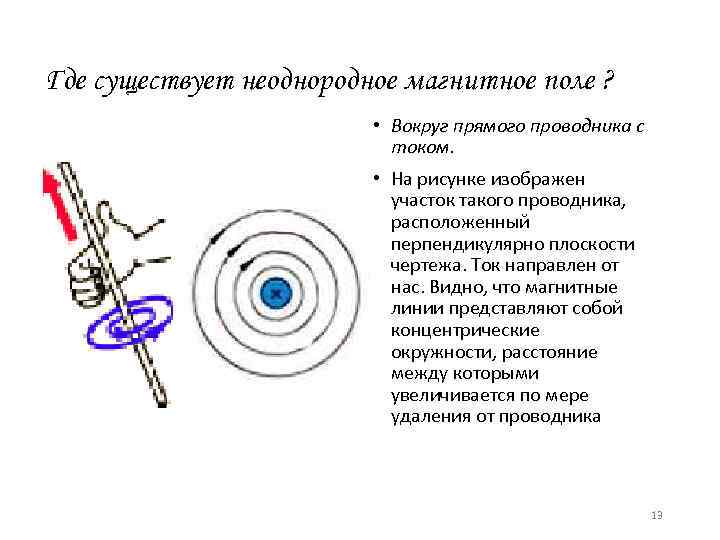 Где существует неоднородное магнитное поле ? • Вокруг прямого проводника с током. • На