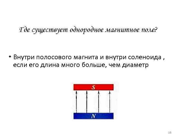 Где существует однородное магнитное поле? • Внутри полосового магнита и внутри соленоида , если