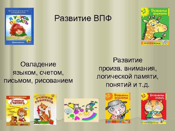 Развитие ВПФ Овладение языком, счетом, письмом, рисованием Развитие произв. внимания, логической памяти, понятий и