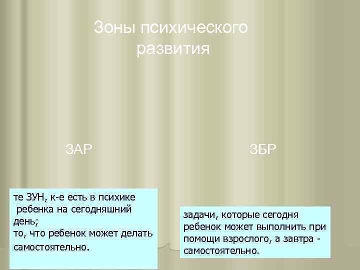 Зоны психического развития ЗАР те ЗУН, к-е есть в психике ребенка на сегодняшний день;