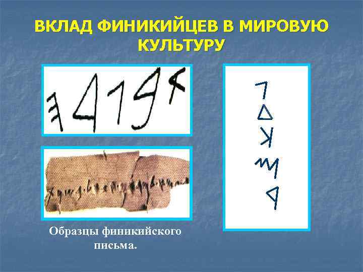 ВКЛАД ФИНИКИЙЦЕВ В МИРОВУЮ КУЛЬТУРУ Образцы финикийского письма. 