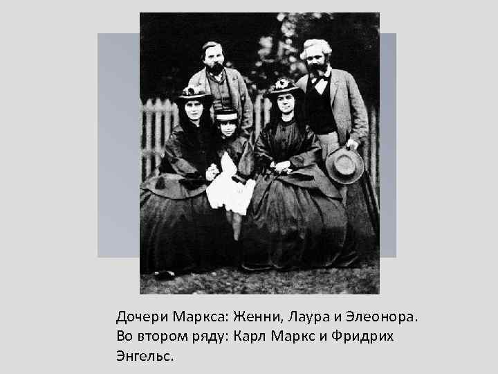 Дочери Маркса: Женни, Лаура и Элеонора. Во втором ряду: Карл Маркс и Фридрих Энгельс.